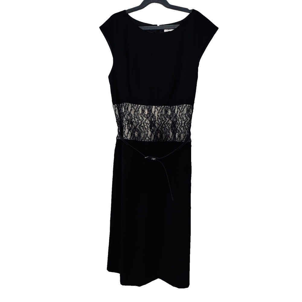 Calvin Klein Black Lace Waist Sheath Midi Dress Belted Office to Evening Size 4